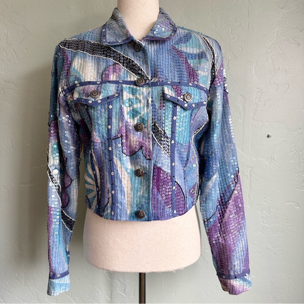 Cropped Sequin Jean Jacket in Blue & Purple